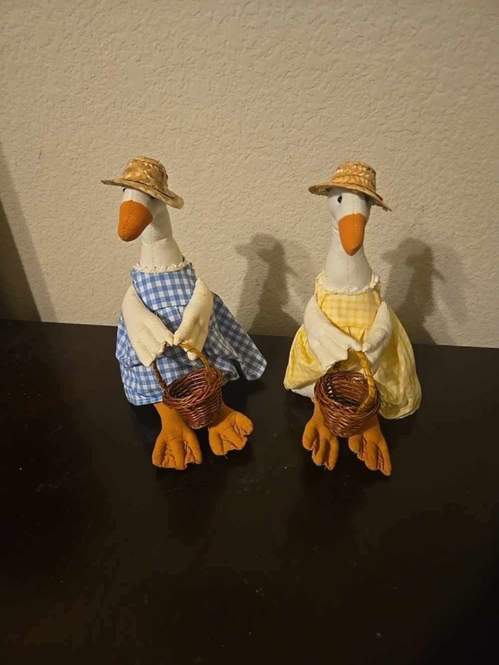Country Pair of Fabric Geese in Blue & Yellow Gingham Dresses